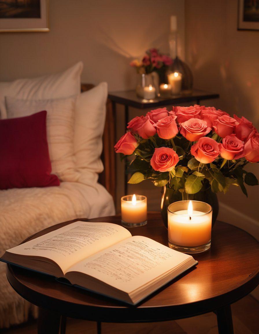 A cozy, inviting room with soft lighting and plush cushions, featuring an open diary on a coffee table filled with handwritten notes about sensuality and intimacy. A lit candle and a small vase of roses sit beside it, creating a warm ambiance. Subtle hints of digital devices in the background suggest online exploration, while the overall atmosphere conveys relaxation and intimacy. vibrant colors. warm lighting. cozy setting.
