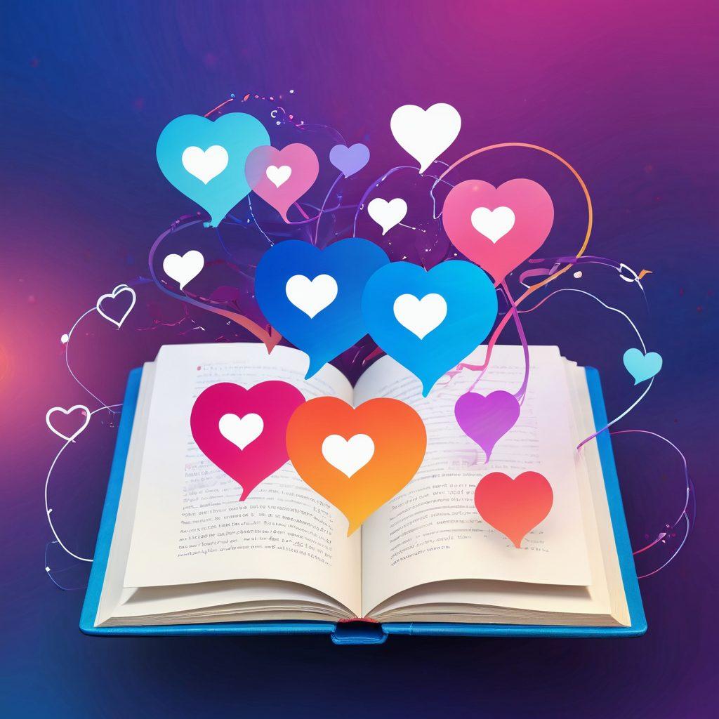 A glowing digital journal open with colorful, swirling lines connecting to abstract representations of people communicating and sharing thoughts. The background shows a soft gradient transitioning from deep blues to warm pinks, symbolizing the emotional journey of intimacy. Surround the journal with symbols of online expression, like hearts, chat bubbles, and video call icons, to illustrate connection. super-realistic. vibrant colors. soft-focus background.