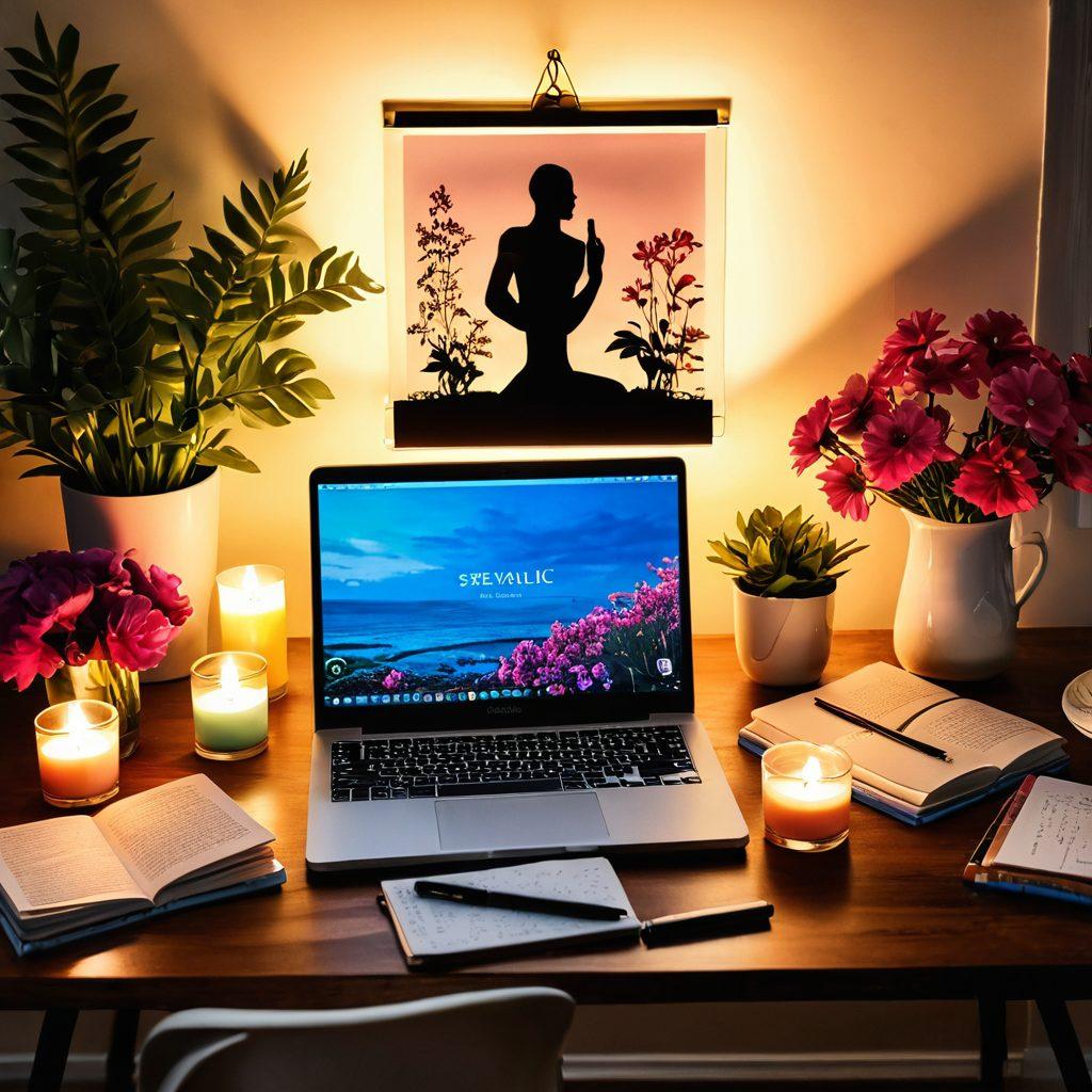 A sensual and inviting workspace setting featuring a laptop open with a blog about sexuality displayed on the screen, surrounded by colorful journals, scented candles, and flowers. Soft, warm lighting casts a cozy glow, enhancing feelings of comfort and intimacy. Include diverse hands writing and sharing experiences, symbolizing connection and communication. Artistic and modern decor adds a touch of creativity. super-realistic. vibrant colors. cozy ambiance.